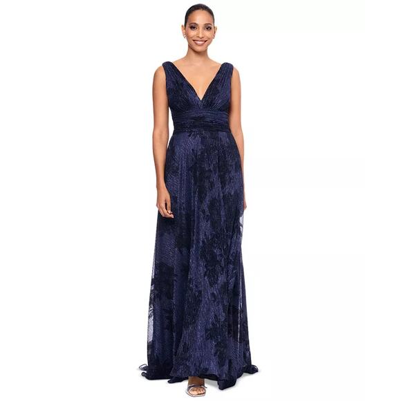 Betsy & Adam Women's Metallic Crinkled Gown Navy 6 - Picture 1 of 6